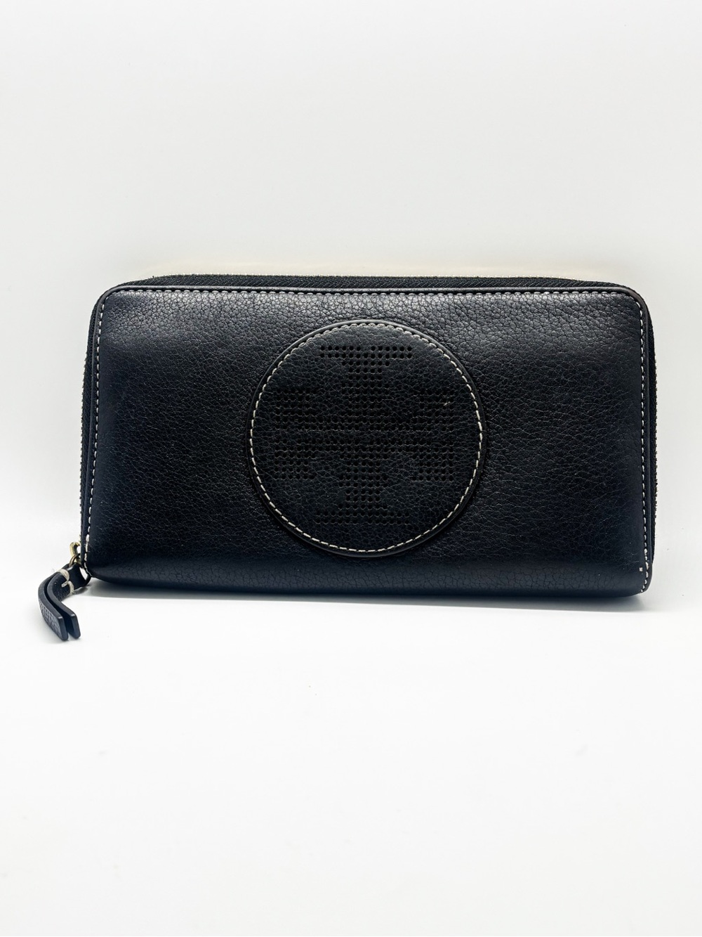 Tory Burch Black Leather Zip Around Wallet with Circular Logo Accent